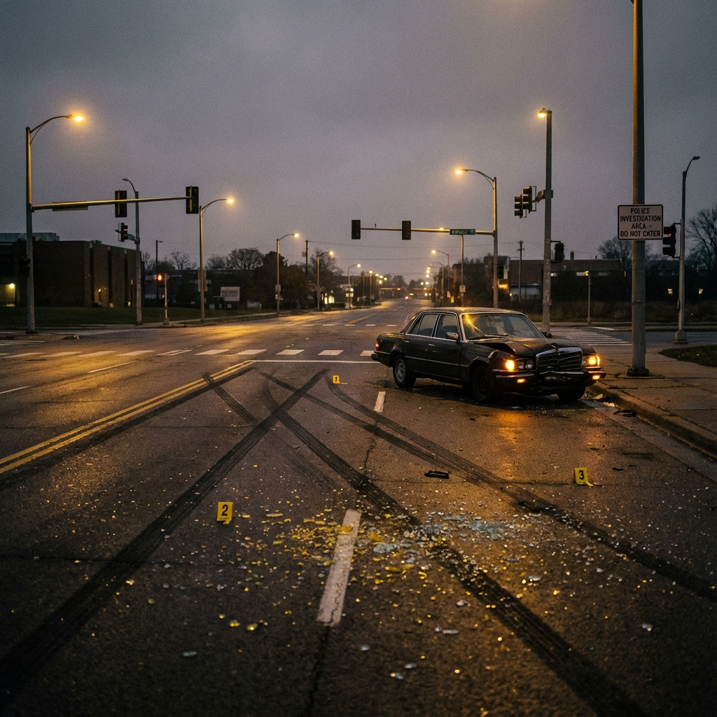 Intersection collision scene with vehicle damage assessment