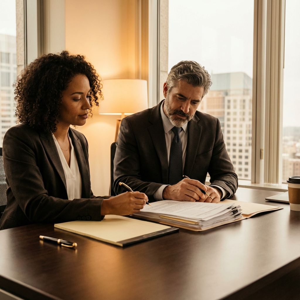 Person reviewing documents with a lawyer