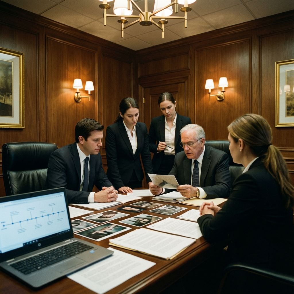Legal team reviewing case evidence and documentation